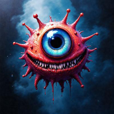 The primary subject of the image is a large, red, and pink monster with a blue eye. The monster is the main focus of the image, and it is depicted in a digital art style. The setting is a dark, cloudy sky, which adds to the overall mood of the image. The colors and mood of the image are predominantly dark and moody, with the monster's vibrant colors standing out against the dark background.
